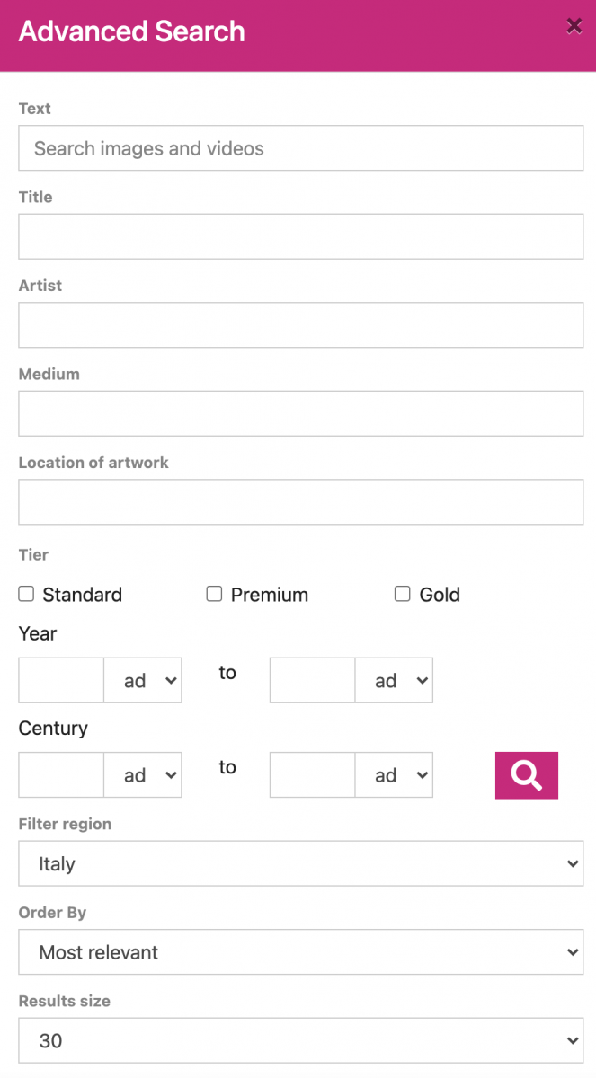 Advance Search pop up window on Bridgeman Images