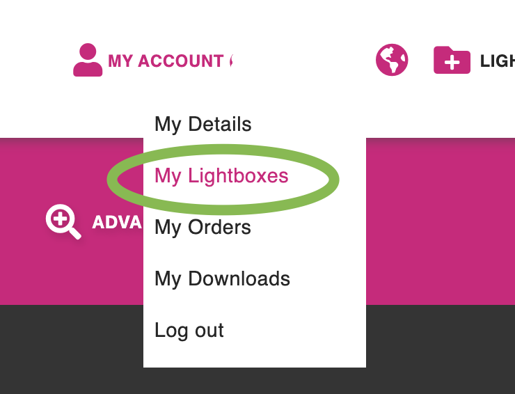 My Account, My lightboxes menu on bridgemanimages.com