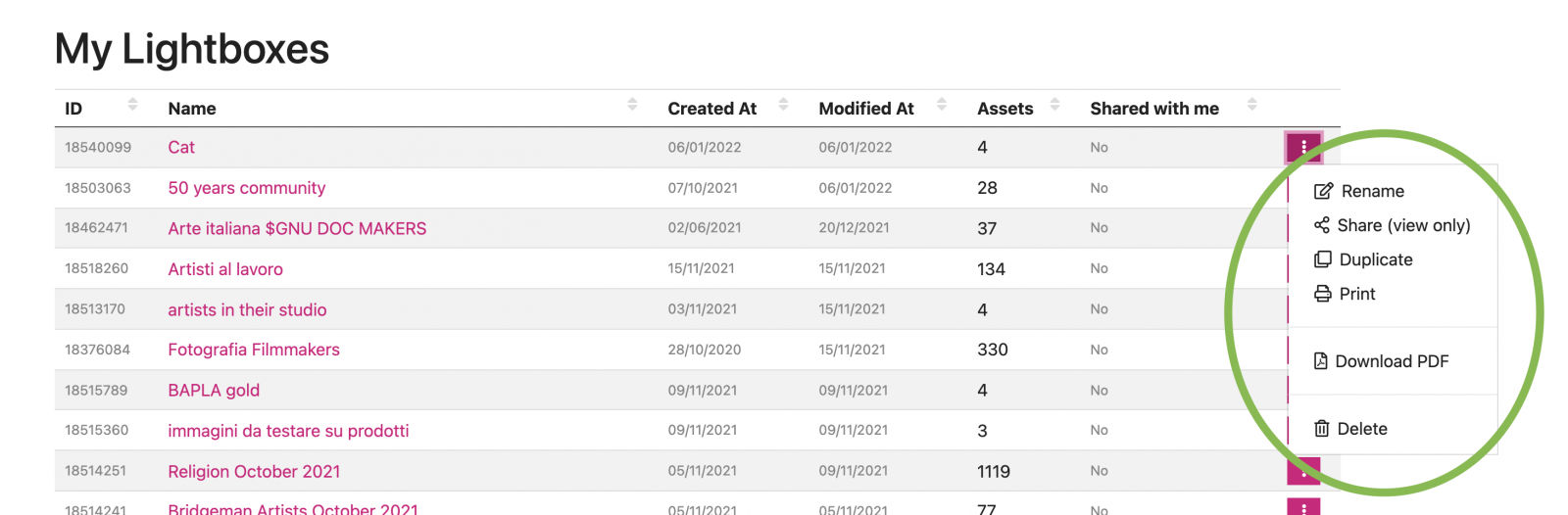  options in your account under the Your Lightboxes menu