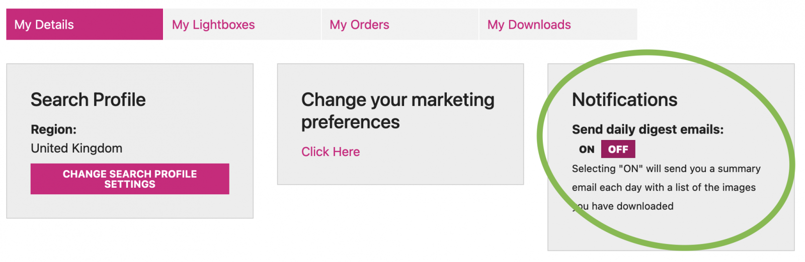  My Details, and click on Notifications -   Send daily digest emails to change how often you receive your download email report. 
